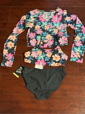 Girls Floral 3-Piece Swim Set — Black with Pink & Peach Flowers